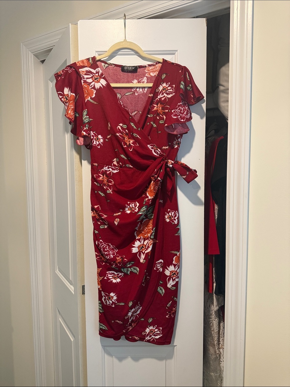Olsen Red Floral Wrap Midi Dress with Tie Waist